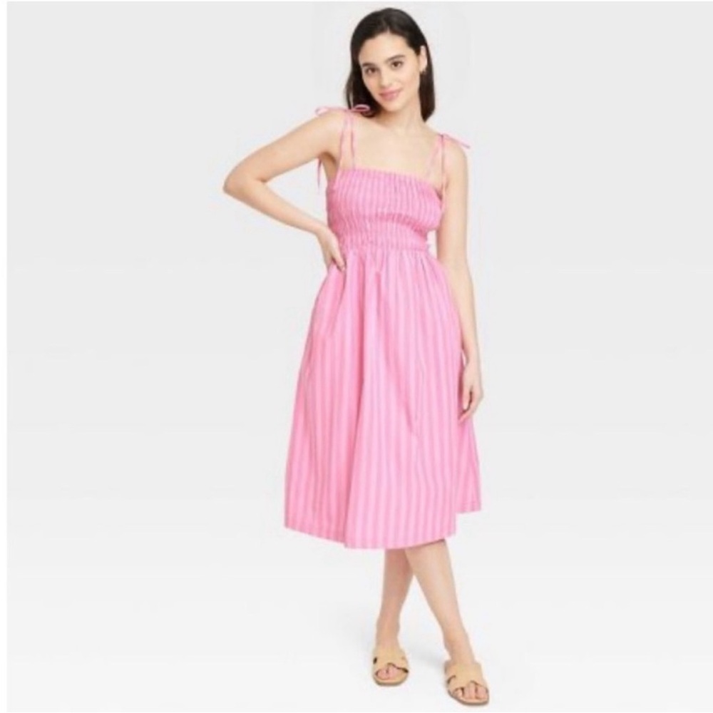 NWT Women's Midi Smocked Sundress - A New Day Pink Striped